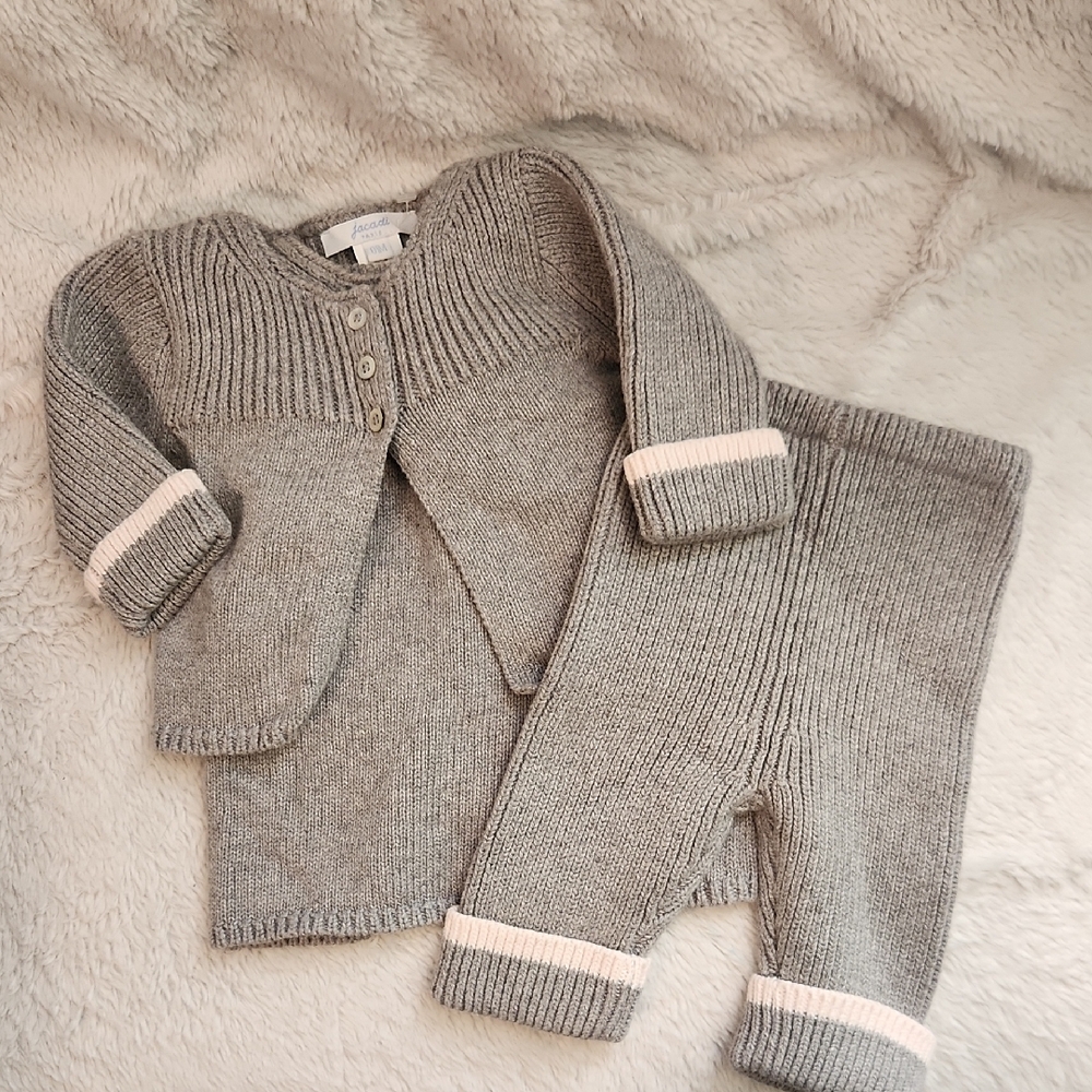 Jacadi Paris Grey & Soft Pink Knit 3 Piece Set